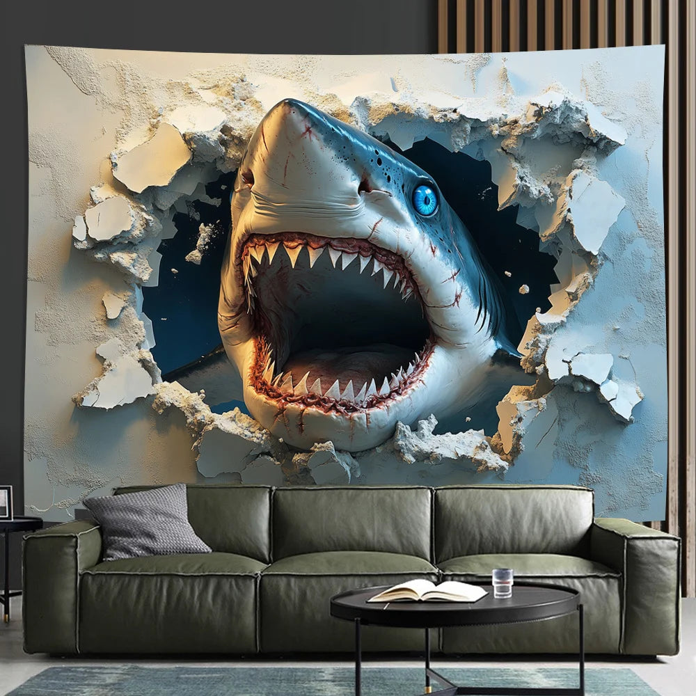 1pc 3D stereo visual effects big shark background cloth, living room, bedroom, office, party decoration tapestry creative gifts