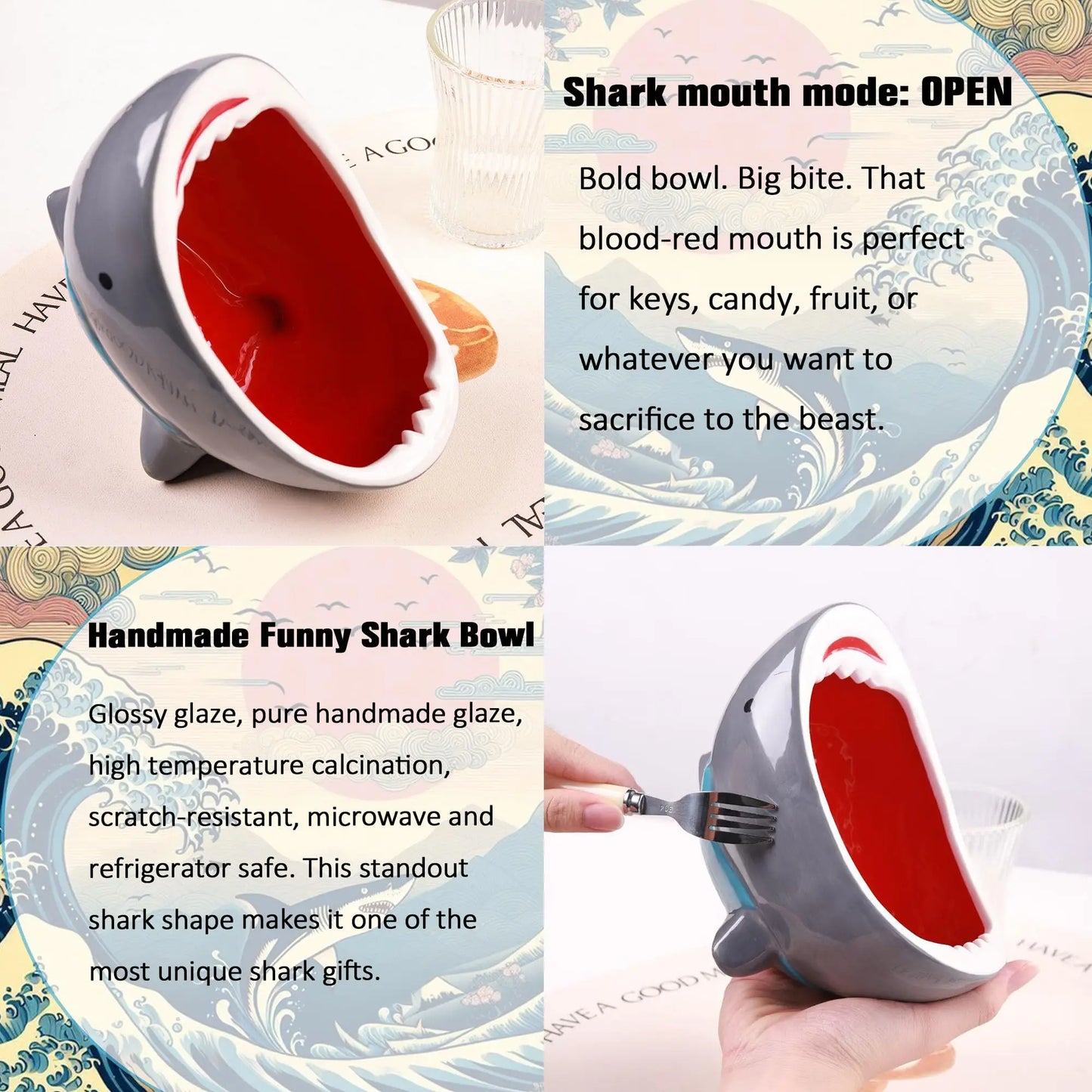 Shark Fruit Bowl for Kitchen Counter Decorative Bowls for Home Decor Handmade Ceramic Snack Candy Soup Salad Serving Bowls