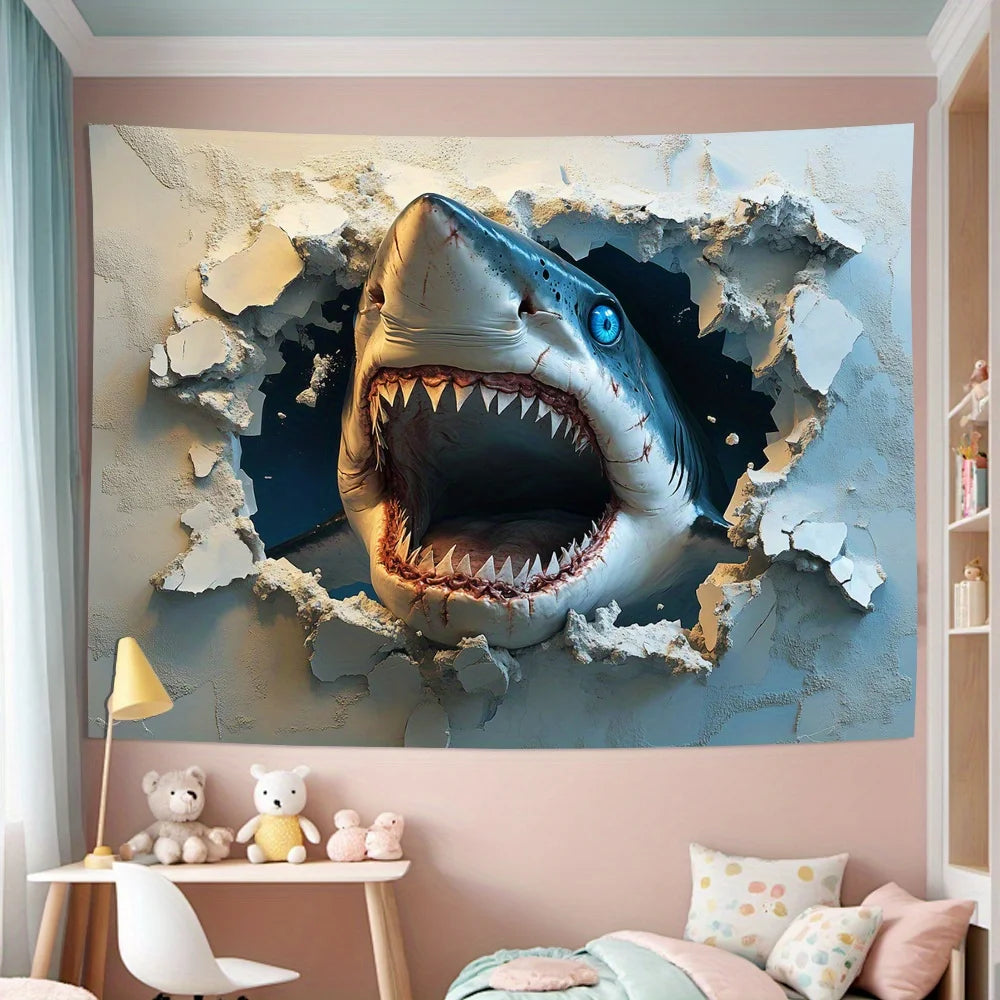 1pc 3D stereo visual effects big shark background cloth, living room, bedroom, office, party decoration tapestry creative gifts