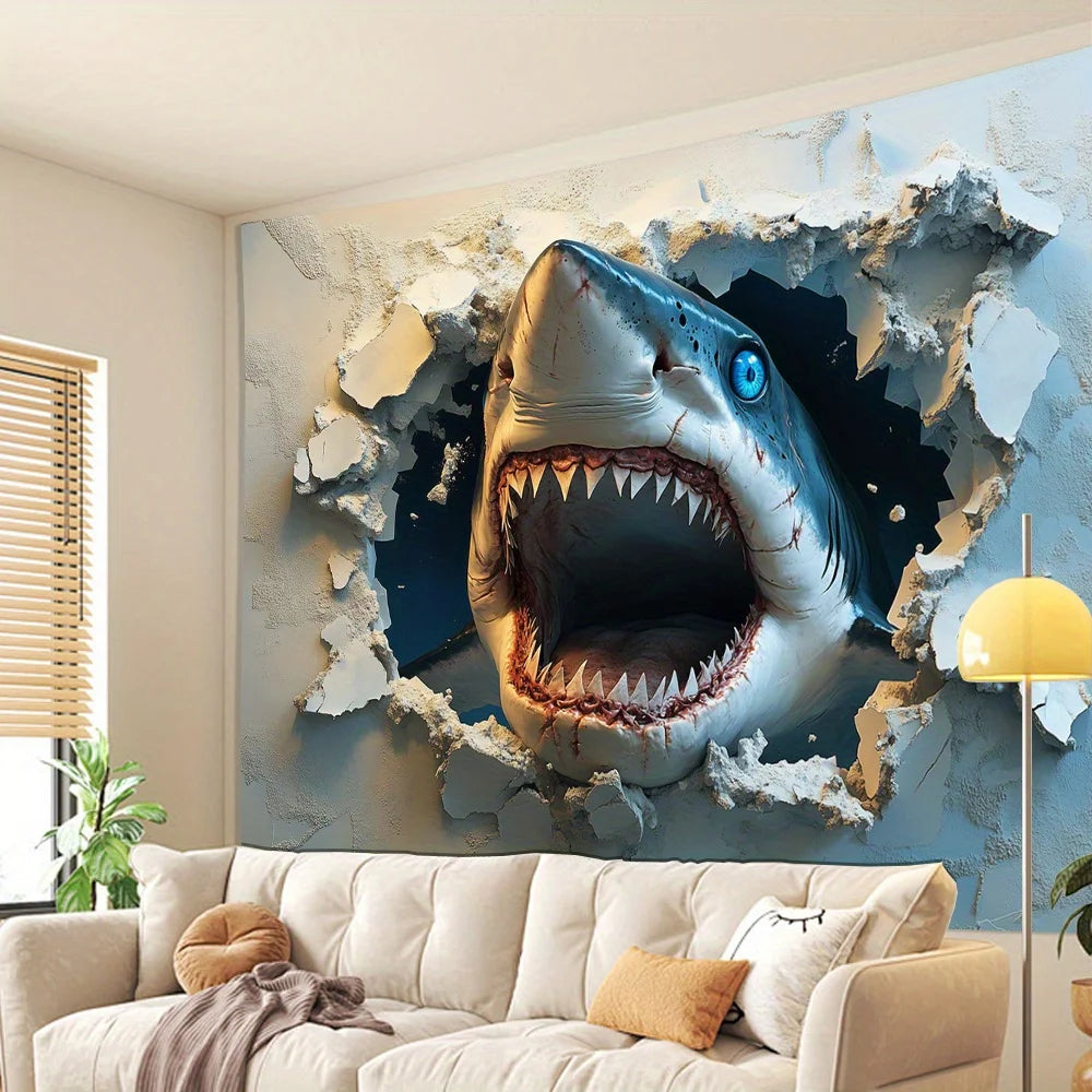 1pc 3D stereo visual effects big shark background cloth, living room, bedroom, office, party decoration tapestry creative gifts