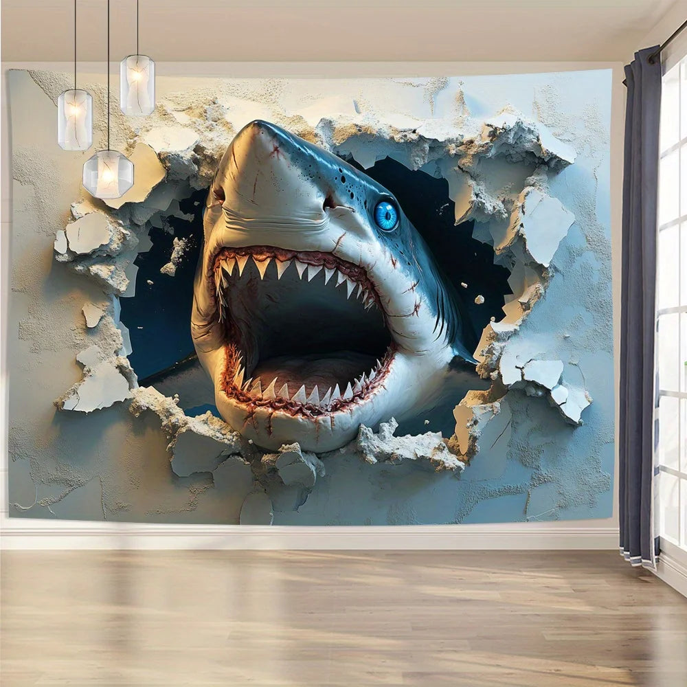 1pc 3D stereo visual effects big shark background cloth, living room, bedroom, office, party decoration tapestry creative gifts
