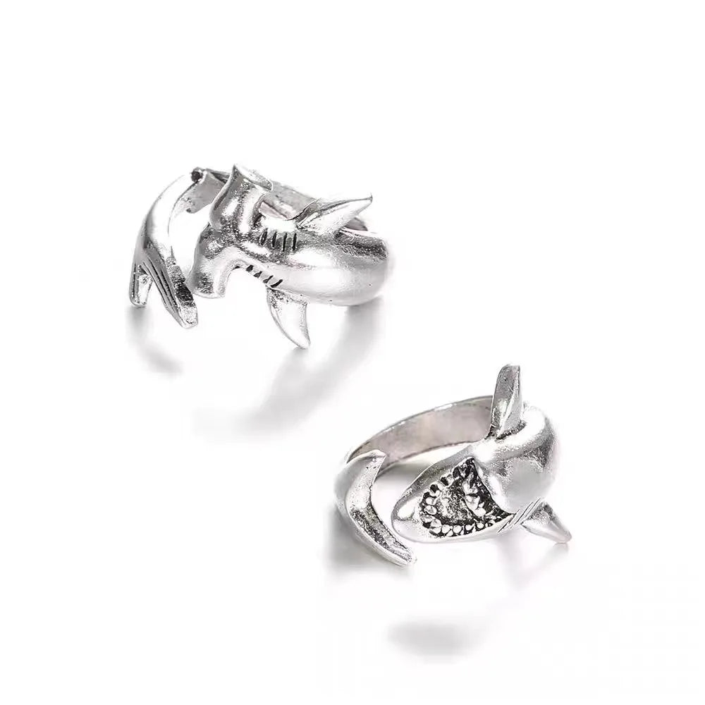 2pcs/set Vintage Punk Shark Rings White Shark Hammerhead Shark Rings Adjustable Opening Metal Ring Jewelry for Women Men Gifts