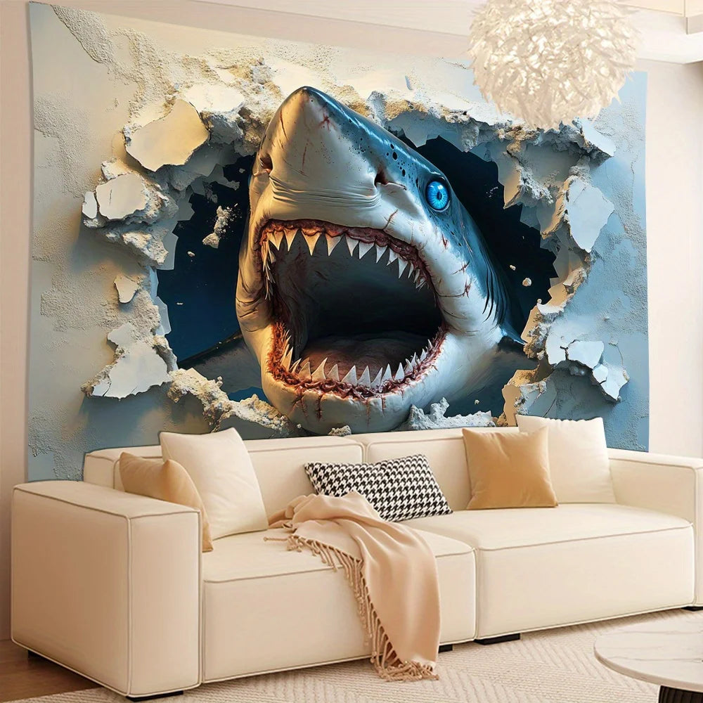 1pc 3D stereo visual effects big shark background cloth, living room, bedroom, office, party decoration tapestry creative gifts