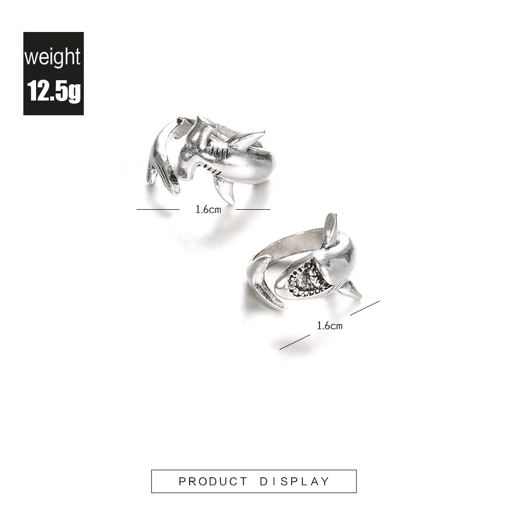 2pcs/set Vintage Punk Shark Rings White Shark Hammerhead Shark Rings Adjustable Opening Metal Ring Jewelry for Women Men Gifts