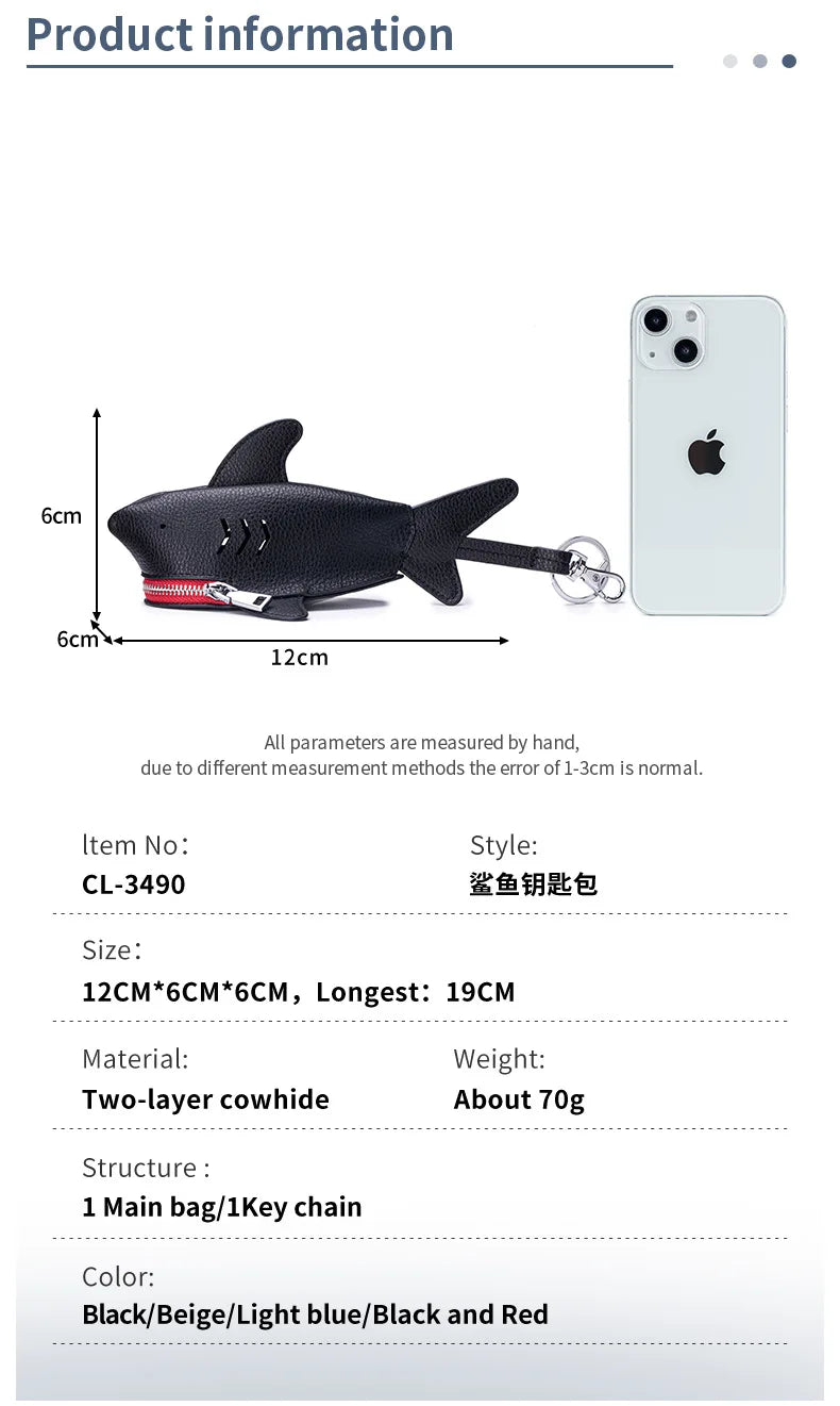 Alirattan 2025 New Creative Genuine Leather Key Bag Portable Universal Shark Key Protective Cover Bag Pendant Storage Bag