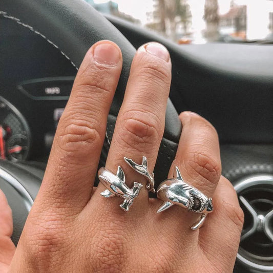 2pcs/set Vintage Punk Shark Rings White Shark Hammerhead Shark Rings Adjustable Opening Metal Ring Jewelry for Women Men Gifts