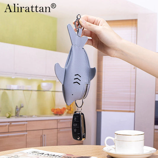 Alirattan 2025 New Creative Genuine Leather Key Bag Portable Universal Shark Key Protective Cover Bag Pendant Storage Bag