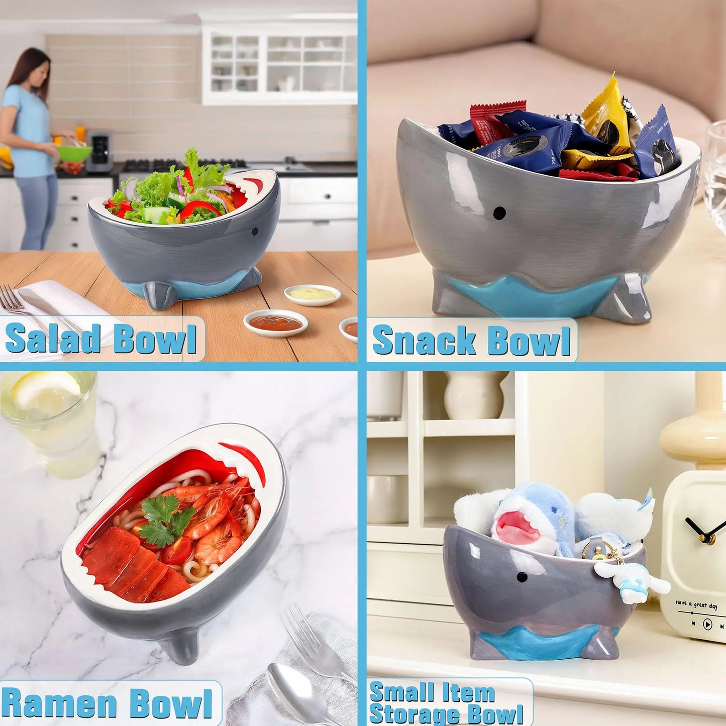 Shark Fruit Bowl for Kitchen Counter Decorative Bowls for Home Decor Handmade Ceramic Snack Candy Soup Salad Serving Bowls